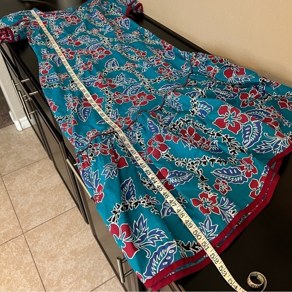 Hilo Hattie Hawaiian midi/maxi dress, turquoise and red, tropical print sz 14 - Picture 12 of 13